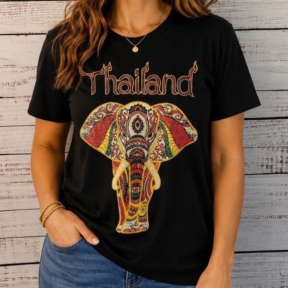 The King Thailand Elephant Embroidered Graphic T-Shirt Black Size L Travel